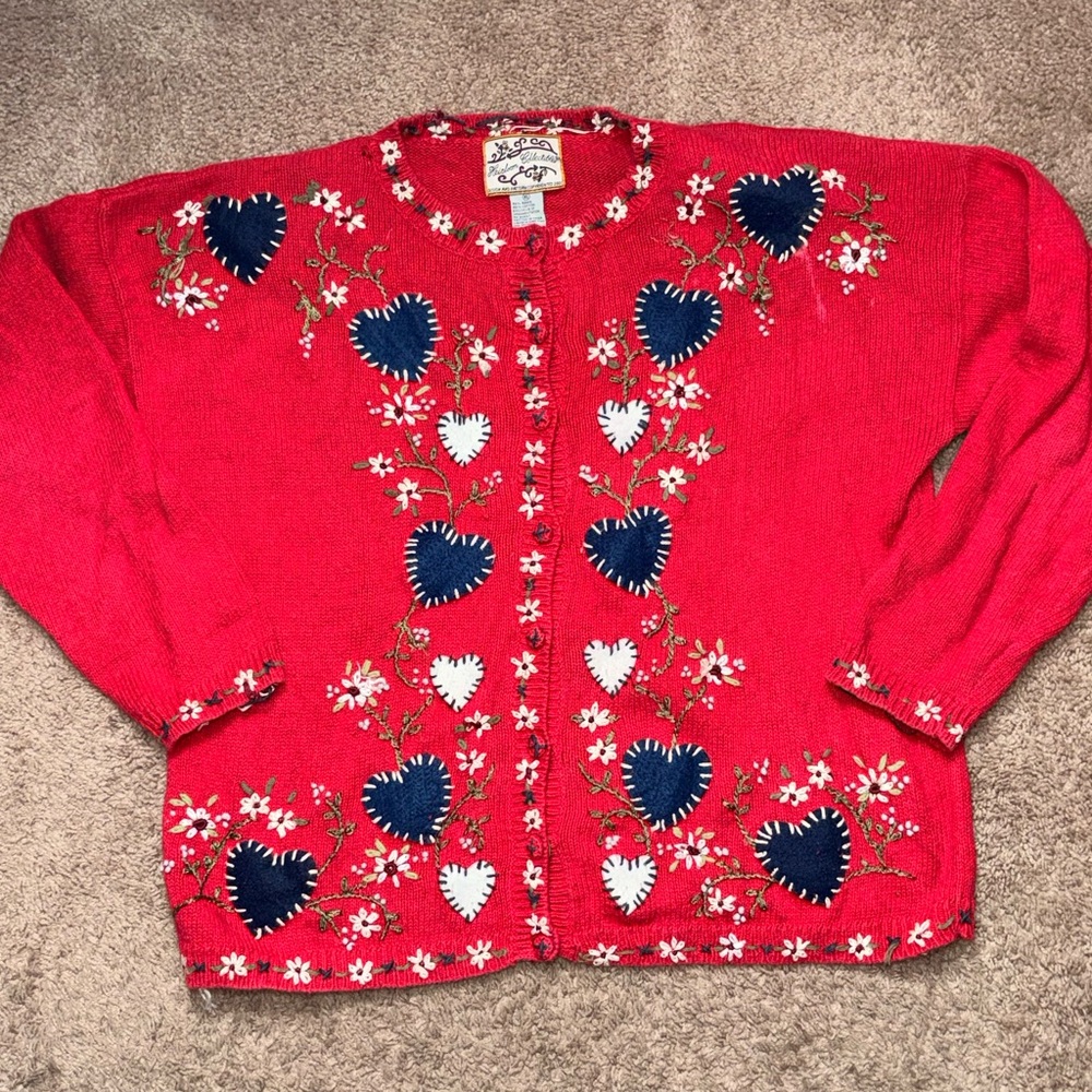 Vintage Heart Cardigan Cottagecore Embroidered Knit Red Sweater XL
